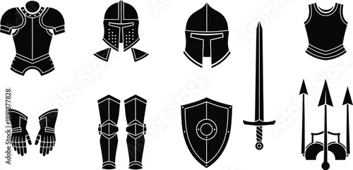 Historic Defense Gear Illustrated in Monochrome. Medieval Armor and Weaponry Set for Reference and Creative Design. Ancient Combat Concept