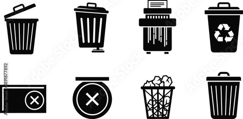 Waste Disposal and Recycling Containers in Graphic Style. Trash Bin Icon Collection for Environmental and Utility Design. Cleanup System Theme