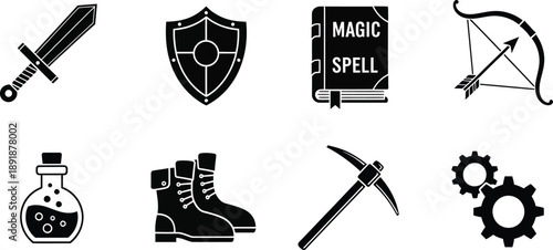 Mythical Adventure Symbols for Fantasy Worlds. Icon Set Featuring Weapons and Magical Artifacts. Role-Playing Game Design Elements