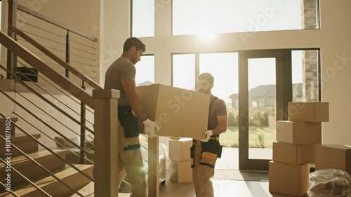 Wallpaper Mural Movers carrying cardboard box up stairs into modern home during sunny relocation day Torontodigital.ca