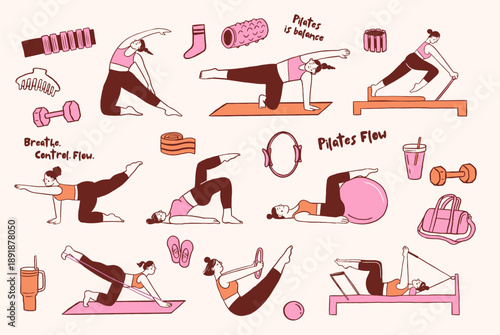 Pilates poses illustrations collection. Minimalist drawings of women exercising and stretching.