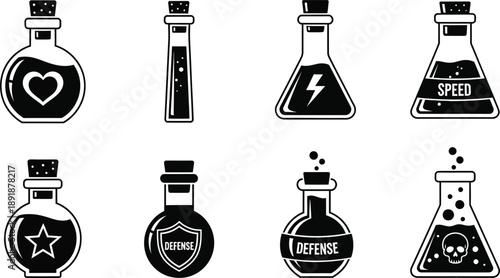 Alchemy Bottle Forms with Arcane Markings. Magical Potion Icon Collection for Fantasy and Game Design. Mystic Craft Theme