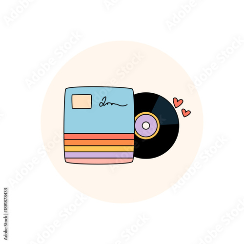 Retro groovy music vinyl box sticker in flat colorful style. Package with seal, circle label, heart accent and y2k lid for trendy retro product. Fun element and pop tag for modern aesthetic usage.