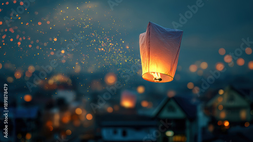 Chinese traditional lunar new year Spring Festival celebration in Asia. A vibrant sky illuminated by a paper lantern floating in the air, casting a warm.
