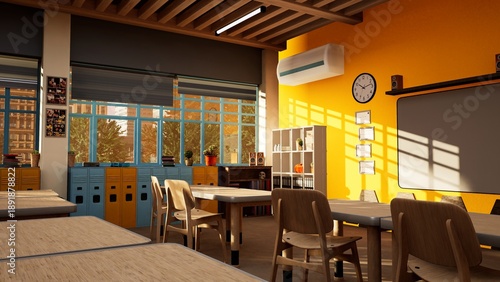 Canvas-taulu Sunlit high school classroom with vacant seats waiting for focused study student activities to begin