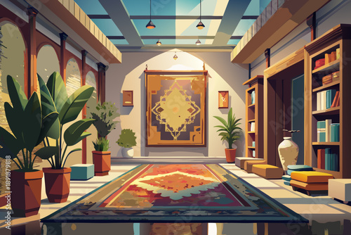 A beautiful rug in a rug store that is hung for display for a customer.