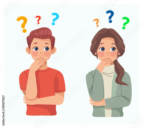 A man and a woman thinking with question marks, making decisions and doubting.