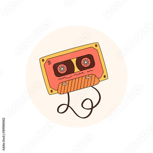 Groovy retro cassette sticker label in playful doodle style, with vintage audio tape and music lid design. Circle package element, y2k colors and nostalgic pop mood, perfect for creative emblem or