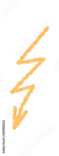 Wavy arrow icon with a handdrawn and crayon squiggle stroke in a playful sketch style. Down pointer element in orange, perfect as creative symbol or marker modern concept visuals.