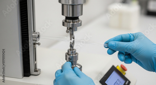 Testing plastic strip in polymer QC process using tensile tester to evaluate strength and break point