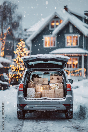 Vacation travel trip journey in holiday season. A car parked in the snow with presents in its trunk, surrounded by a festive Christmas tree adorned with lights, a house with windows.