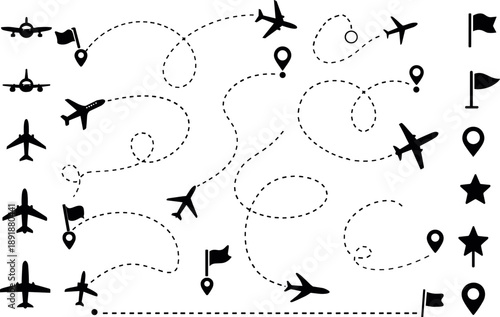 Airplane Flight Routes And Travel Paths Set With Dashed Lines Map Pins And Navigation Icons Vector Illustration on transparent background
