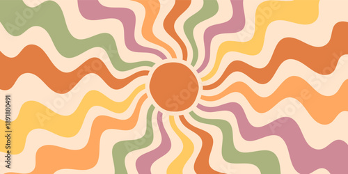 Groovy retro sun burst with wave shapes. Orange and yellow sun with burst ray adds sunshine and y2k style to this background. Horizontal graphic, artistic vintage summer theme.