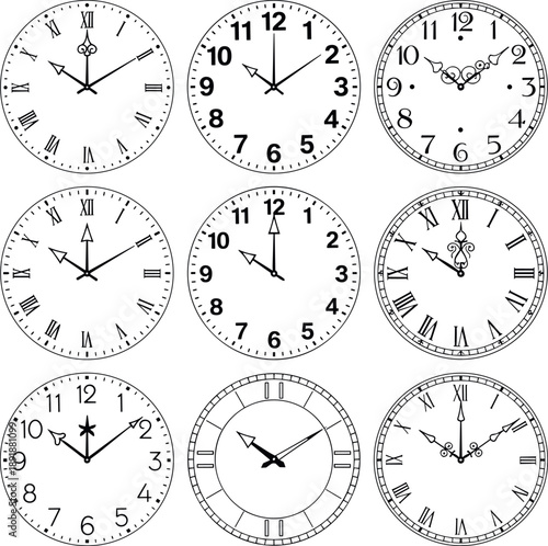Vintage Clock Faces Set With Roman And Arabic Numerals Antique Round Time Dials Vector Illustration on transparent background