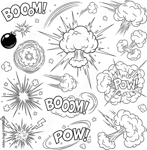 Set of comics bombs and explosions speech bubbles with words splash bam crack pow boom crash and bang design elements for print cartoon flat vector collection isolated on white background