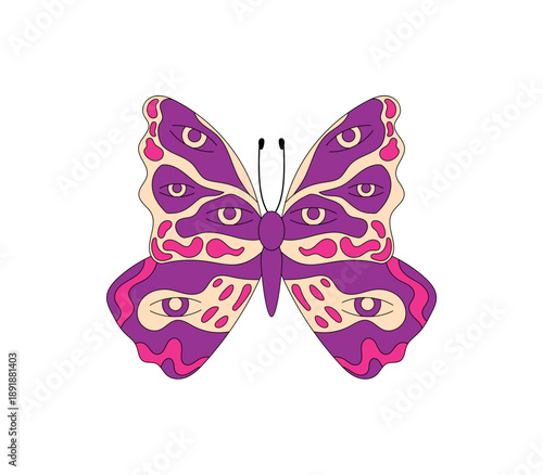 Groovy psychedelic butterfly sticker with retro and funky pop style. Colorful patch forms a unique retro butterfly and eye motif. Groovy element in vibrant pop palette, modern visual accent.