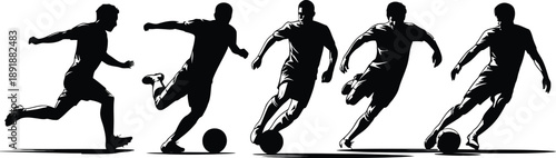 Soccer player, silhouettes vector set running and kicking action poses