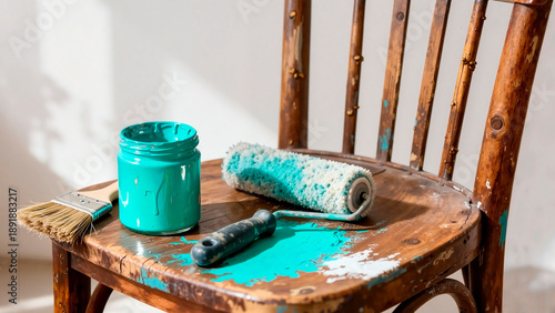 A paint roller and brush on an old wooden chair next to an open can of teal paint