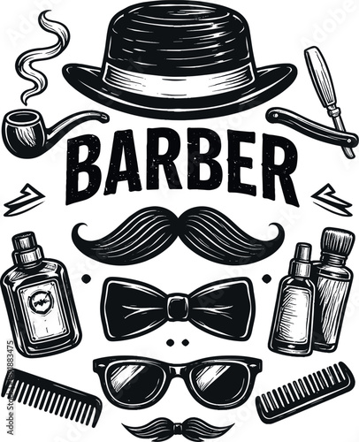 Barbershop icon vector set featuring classic haircut and shaving tools in black silhouette style. Perfect for barber shop branding, logos, signage, posters and vintage design projects.
