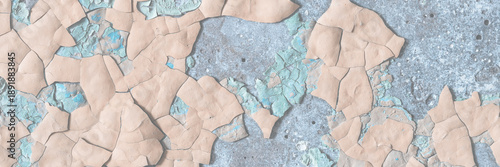 Peeling paint on the wall. Old concrete wall with cracked flaking paint. Weathered rough painted surface with patterns of cracks and peeling. High resolution texture for background and design. Closeup