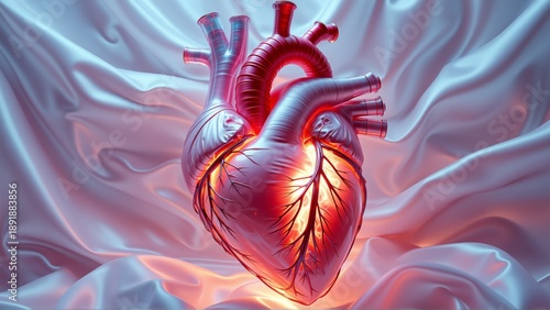 digital illustration human heart heart center its chambers valves clearly visible valves red appear metal background light pink color subtle wave like pattern right sides overall effect rendering