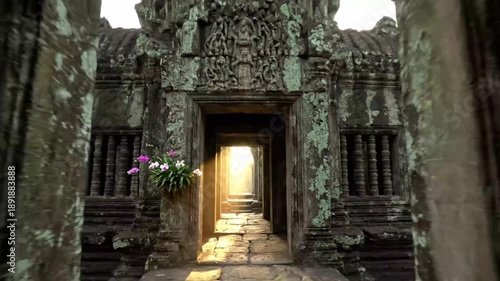 Wallpaper Mural Cinematic glide through ancient stone temple corridor at sunrise with golden light rays and green moss at Angkor Wat Torontodigital.ca