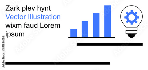Business strategy, innovation, analytics, idea generation, data visualization, efficiency. Bar graph with upward trend and lightbulb gear symbol. Business strategy and innovation concepts
