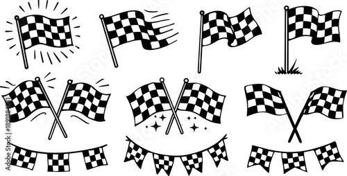 Fotografía Checkered racing flag icon set in black and white for motorsport and auto racing themes