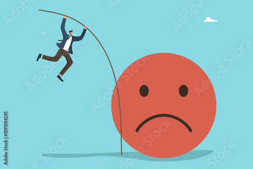 Concept of overcoming challenges, workplace stress, problem solving, turning negativity into success, influx of strength and energy for productive work. Businessman pole vaulting over large sad emoji.