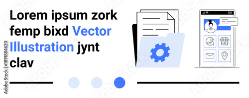 Documents stacked with folder and gear icon beside a mobile app interface showcasing a profile. Ideal for technology, digital tools, organization, workflow, productivity, mobile apps, simple landing