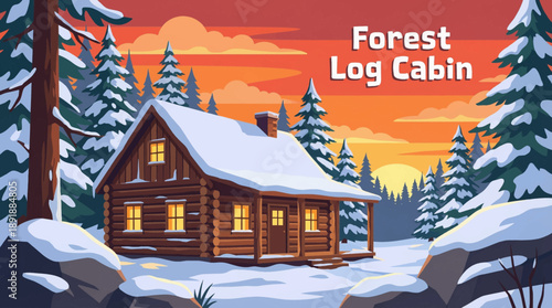 log cabin deep in a winter forest during dusk, glowing with warm light and evoking comfort, shelter, and seasonal atmosphere