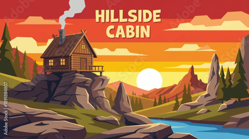 cabin built on a hillside overlooking vast natural scenery cartoon vector, emphasizing freedom, exploration, and inspirational outdoor living