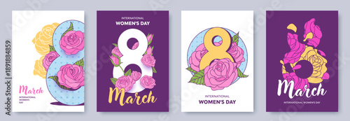 Colorful floral posters for Women's Day with number 8 decorated with roses and place for text. Elegant decorative illustrations for March 8. Ideal for greeting card, banner, flyer, holiday designs.