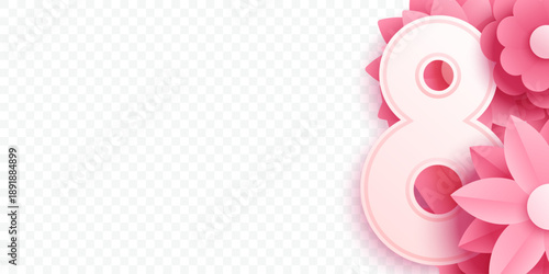 Pink floral number 8 with soft paper cut flowers forming a decorative vertical border. Feminine design for Women's Day, March 8 greeting cards, banners, posters, holiday backgrounds.