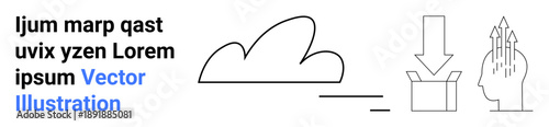 Cloud computing, creativity, downloads, technology concepts, innovation, digital storage. Minimalist cloud icon, box with a download arrow and head with creative elements. Cloud computing