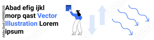 Business process, workflow, direction, strategy, teamwork, creative ideas. Woman holding a square object with directional arrows and wavy lines beside her. Strategy and workflow visualization