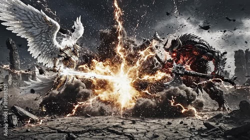 Epic battle between angel and demon in a desolate wasteland