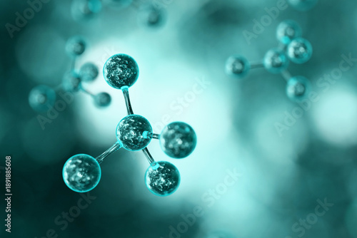 Картината върху платно Cinematic 3D render of teal glass molecules with realistic water bubbles inside