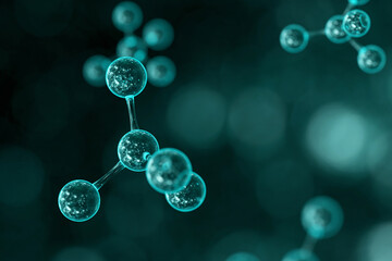 clean, scientific 3D render of transparent blue molecules in a tetrahedral arrangement, symbolizing chemistry, biotechnology, and medical innovation with a dark, futuristic aesthetic