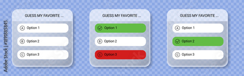 Glassmorphism poll UI cards, stickers showing quiz GUESS MY FAFORITE, voting options with selected and unselected states. Frosted translucent interface design for web, app, UX, UI, social media 