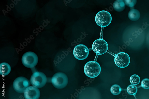 High-quality 3D render of a tetrahedral molecular structure. Teal glass atoms with internal bubbles and bokeh background, perfect for chemistry, physics, and laboratory research themes.