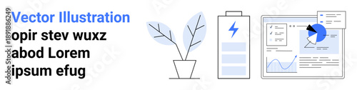 Sustainable energy, renewable resources, data analytics, innovation, eco-friendly solutions, modern technology. A battery, potted plant and analytics on a screen. Sustainable energy and renewable