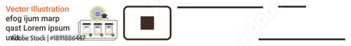 Data , user interface design, layout design, business communication, information technology, digital tools. A layout with charts, text blocks and central icon. Data ation and user interface design