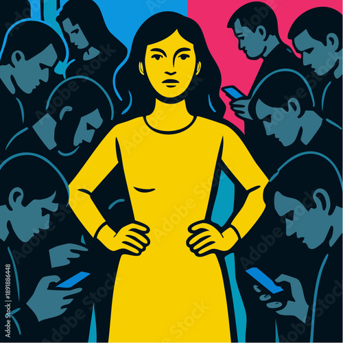 individuality vs screen culture vector with bold yellow figure and smartphone crowd for editorial and branding use