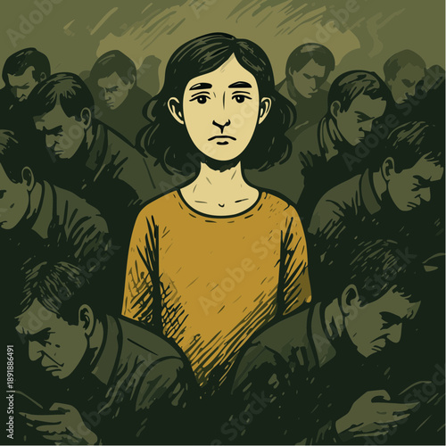 individuality vector with mustard yellow figure standing tall amid distracted crowd for editorial and social impact