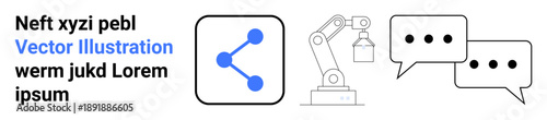 Digital technology, automation, communication, networking, innovation, industrial solutions. Share icon, robotic arm chat bubble icons. Digital technology and automation concept