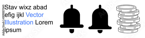 Alerts, notifications, earnings, savings, economy, finance. Two bell icons and a stack of coins. Alerts and earnings by bell icons and stacked coins in this graphic