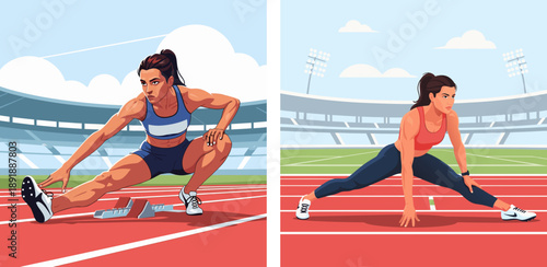 Elite female sprinter stretching on track before competitive race, social media fitness post, vector