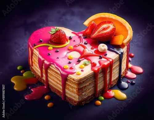 Wallpaper Mural Delicious heart shaped cake with colorful icing and fresh fruit toppings Torontodigital.ca