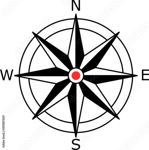 Nautical compass symbol with red center point, simple flat style Directional sign with N S E W letters for geography and orientation